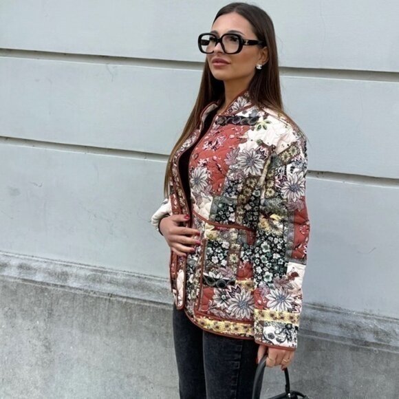 Red Quilted Padded Jacket Oversized Autumn Winter  Top Floral Cotton Coat L - Picture 1 of 15